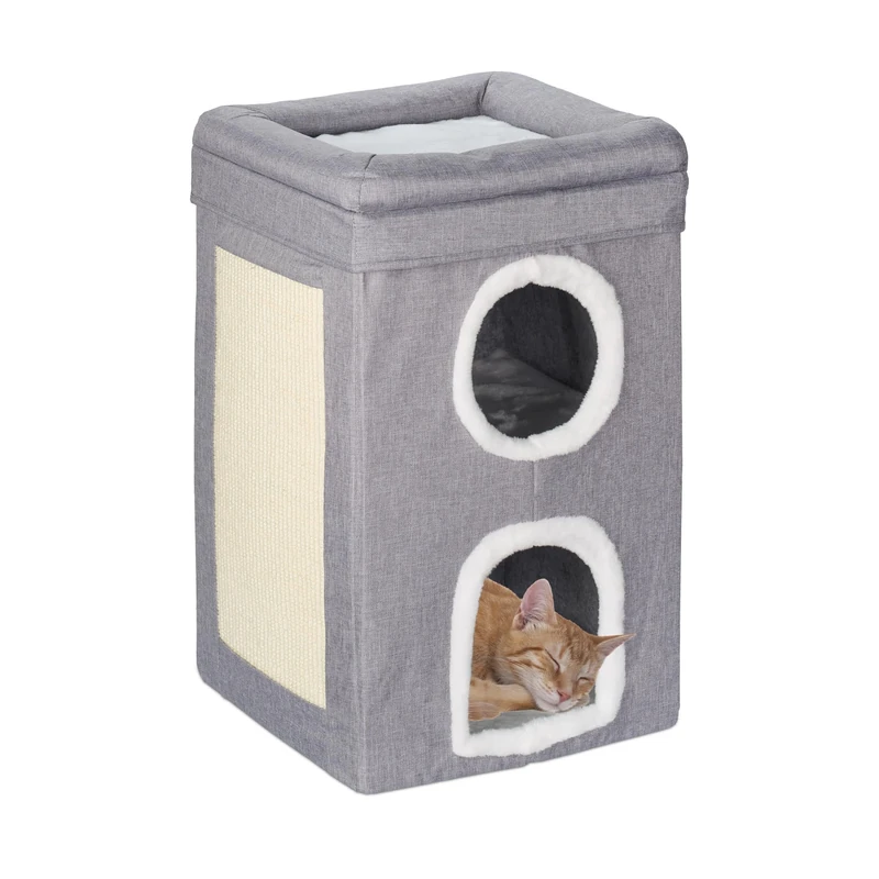 Relaxdays Cat House, 2 Dens and 1 Open Sleeping Area, Square Bed, with Scratching Post, HWD: 63x40x40 cm, Grey/White, Plant fibre, Polyester, Fibreboard