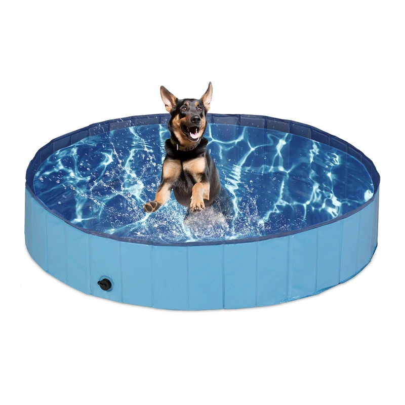 Relaxdays Dog Pool, HxD: 30 x 160 cm, Foldable, with Drain Valve, Pet Swimming Bath for Cooling Off, PVC & MDF, Blue