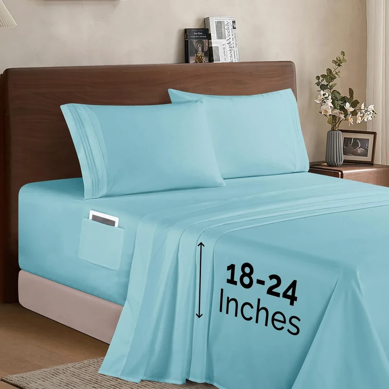 Elegant Comfort Luxury 1500 Premium Hotel Quality Microfiber 4-Piece Sheet Set - Soft, All Around Elastic 18-24 Inches Deep Fitted Sheet - Extra Deep Pocket Sheets, Queen, Aqua