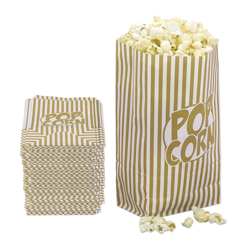 Relaxdays Popcorn Bags, Set of 144, Striped, Retro Look, Cinema, Movie Night Accessory, Cardboard, Container, Gold/White, Paper, 26 x 13 x 8 cm