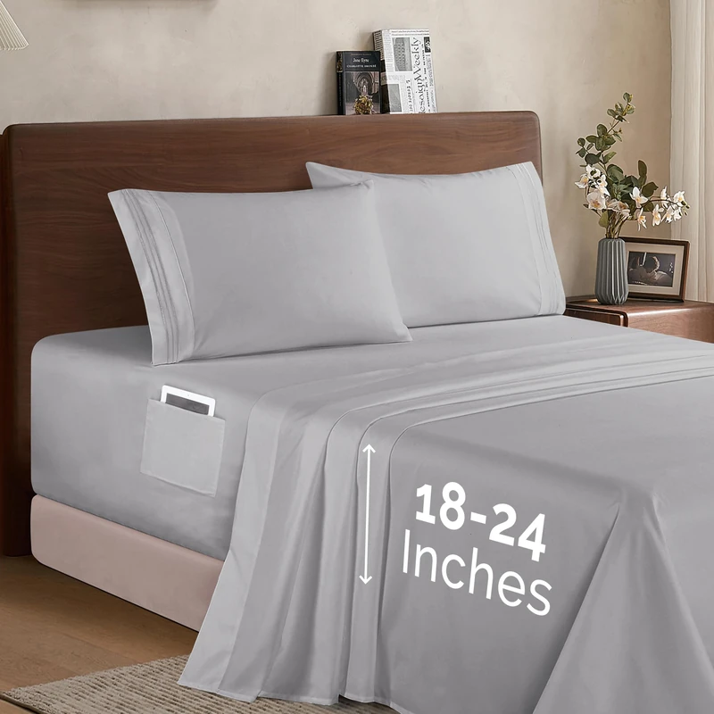 Elegant Comfort Luxury 1500 Premium Hotel Quality Microfiber 4-Piece Sheet Set - Soft, All Around Elastic 18-24 Inches Deep Fitted Sheet - Extra Deep Pocket Sheets, King, Silver Grey