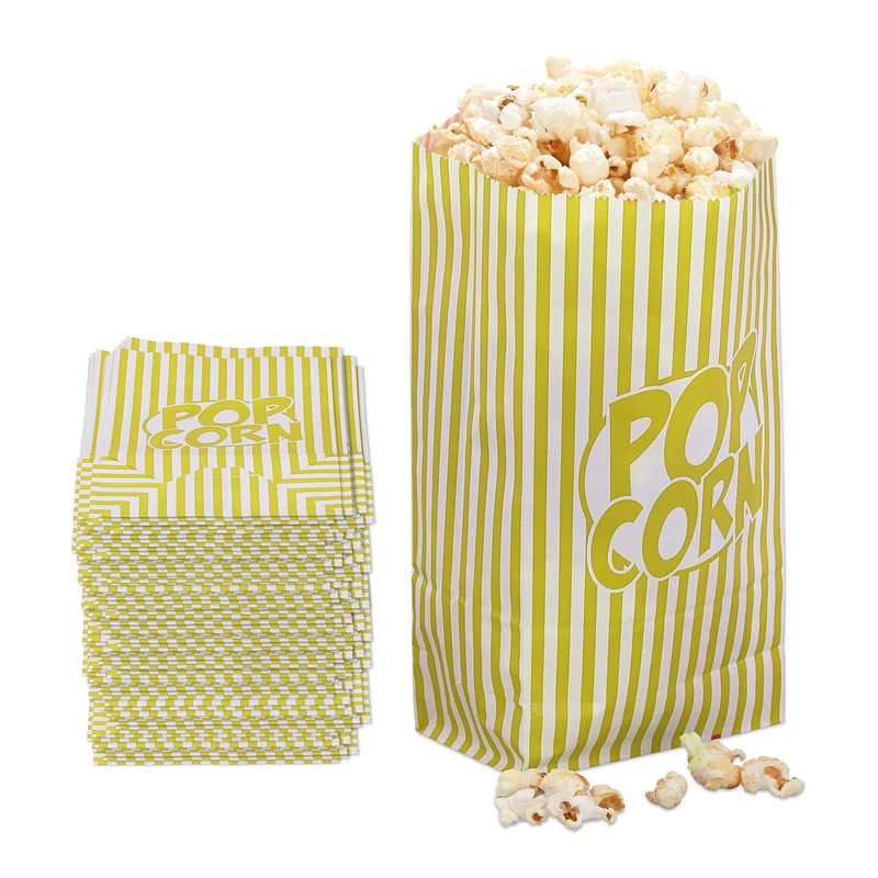 Relaxdays Popcorn Bags, Set of 144, Striped, Retro Look, Cinema, Movie Night Fun, Cardboard, Container, Yellow/White