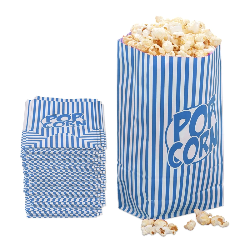 Relaxdays Popcorn Bags, Set of 144, Striped, Retro Look, Cinema, Movie Night Accessory, Cardboard, Container, Blue/White, Paper, 26 x 13 x 8 cm