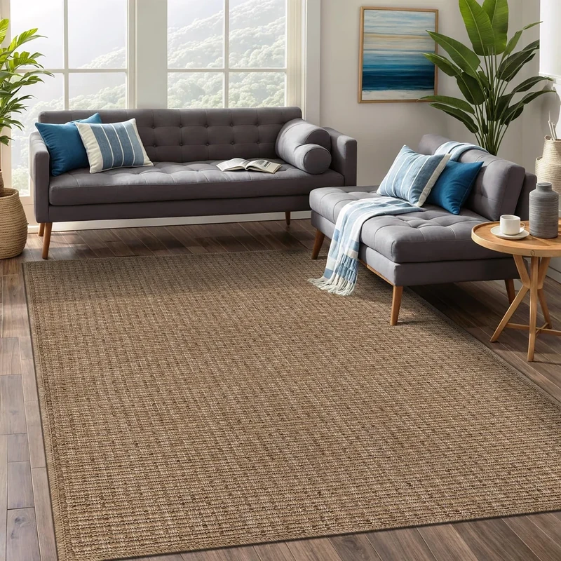 Beverly Rug Easy Jute Natural Rug 8x10 Solid Washable Durable Outdoor Indoor Area Rugs for Living Dining Room Patio Office Stain Resistant Non Shedding Casual Indoor Outside Carpet (8 x 10 Natural) - Image 1