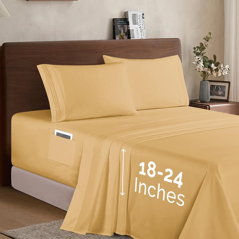 Elegant Comfort - Luxury 1500 Premium Microfiber 4 Piece Bed Sheet Set - Soft Elastic 18" to 24" Deep Pocket Extra Deep Pocket Bed Sheets Full, Camel-Gold