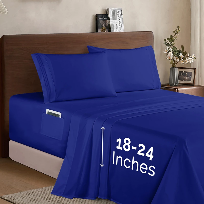 Elegant Comfort Luxury 1500 Hotel Quality Microfiber Duvet Cover Set 4-Piece Soft Elastic Round 46 to 61 cm Deep Flat Sheet with Extra Deep Pockets, King, Royal Blue.