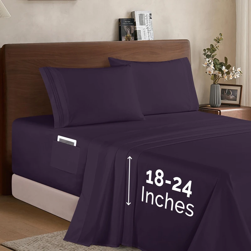 Elegant Comfort Luxury 1500 Premium Hotel Quality Microfiber 4-Piece Sheet Set - Soft, All Around Elastic 18-24 Inches Deep Fitted Sheet - Extra Deep Pocket Sheets, Queen, Eggplant-Purple