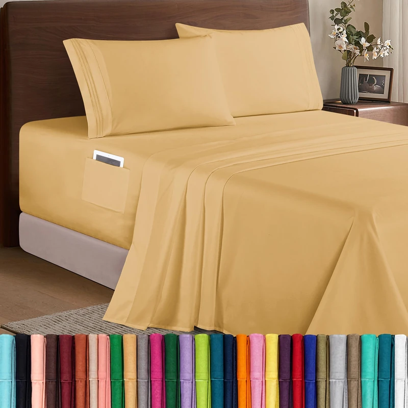Elegant Comfort Luxury 1500 Premium Hotel Quality Microfiber 4-Piece Sheet Set - Soft, All Around Elastic 18-24 Inches Deep Fitted Sheet - Extra Deep Pocket Sheets, King, Camel-Gold