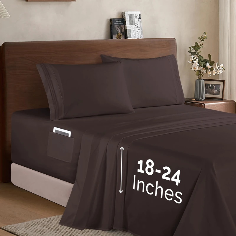 Elegant Comfort Luxury 1500 Premium Hotel Quality Microfiber 4-Piece Sheet Set - Soft, All Around Elastic 18-24 Inches Deep Fitted Sheet - Extra Deep Pocket Sheets, Queen, Chocolate Brown