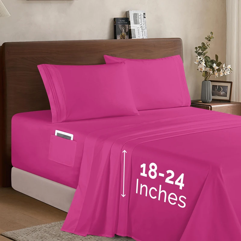 Elegant Comfort Luxury 1500 Premium Hotel Quality Microfiber 4-Piece Sheet Set - Soft, All Around Elastic 18-24 Inches Deep Fitted Sheet - Extra Deep Pocket Sheets, Queen, Hot Pink