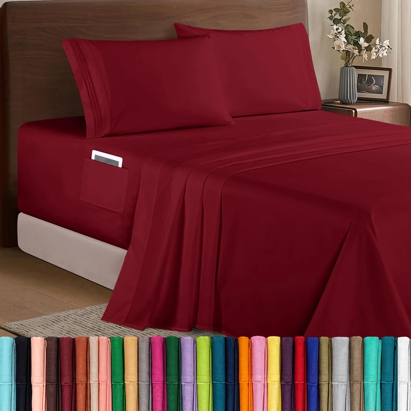 Elegant Comfort Luxury 1500 Premium Hotel Quality Microfiber 4-Piece Sheet Set - Soft, All Around Elastic 18-24 Inches Deep Fitted Sheet - Extra Deep Pocket Sheets, King, Burgundy