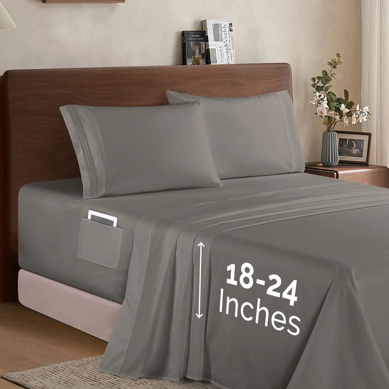 Elegant Comfort Luxury 1500 Premium Microfibre Sheet Set 4 Pieces Soft Stretchy Fitted Sheet 45-61cm Deep Pockets Extra Deep Pocket Double Grey