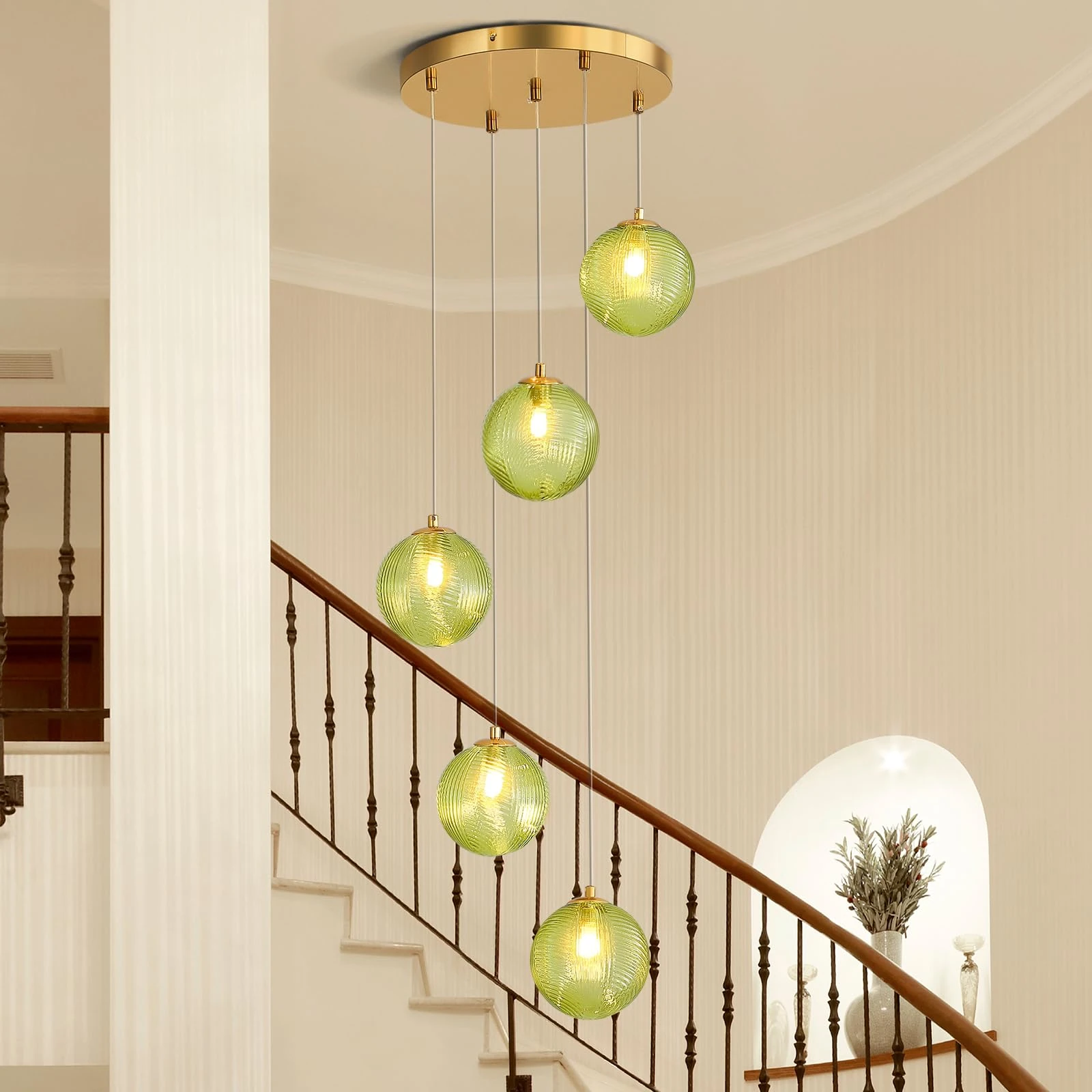 Maayhow 5-Light Chandelier, Globe Green Glass Flush Mount Pendant Light,15W Ceiling Hanging Light for Staircase Foyer Entryway Living Room Hotel Kitchen Island（3000K,G9 Bulbs Include）