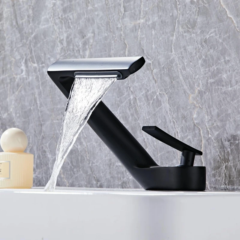 Waterfall Bathroom Faucet 1 Hole Matte Black Single Handle Modern Basin Faucet for Basin SHUNLI