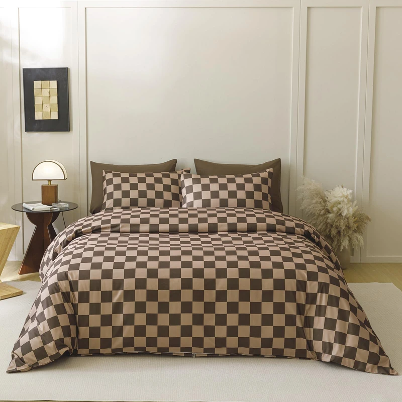 Wellboo Brown Plaid Comforter King Cream Coffee Checkerboard Grid Bedding