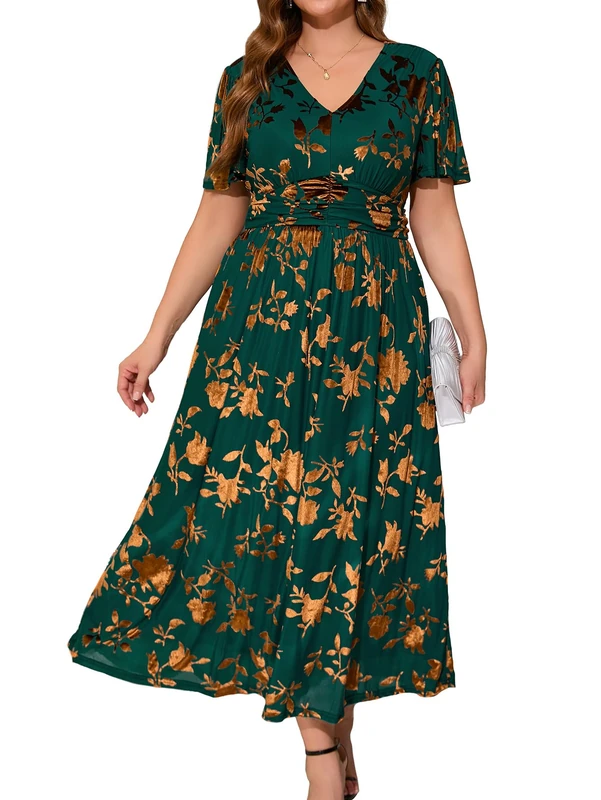 Simplee Women’s V Neck Velvet Maxi Dress Short Sleeve Empire Waist Long Formal Dress for Wedding Guest, P-Emerald Green-2, XL