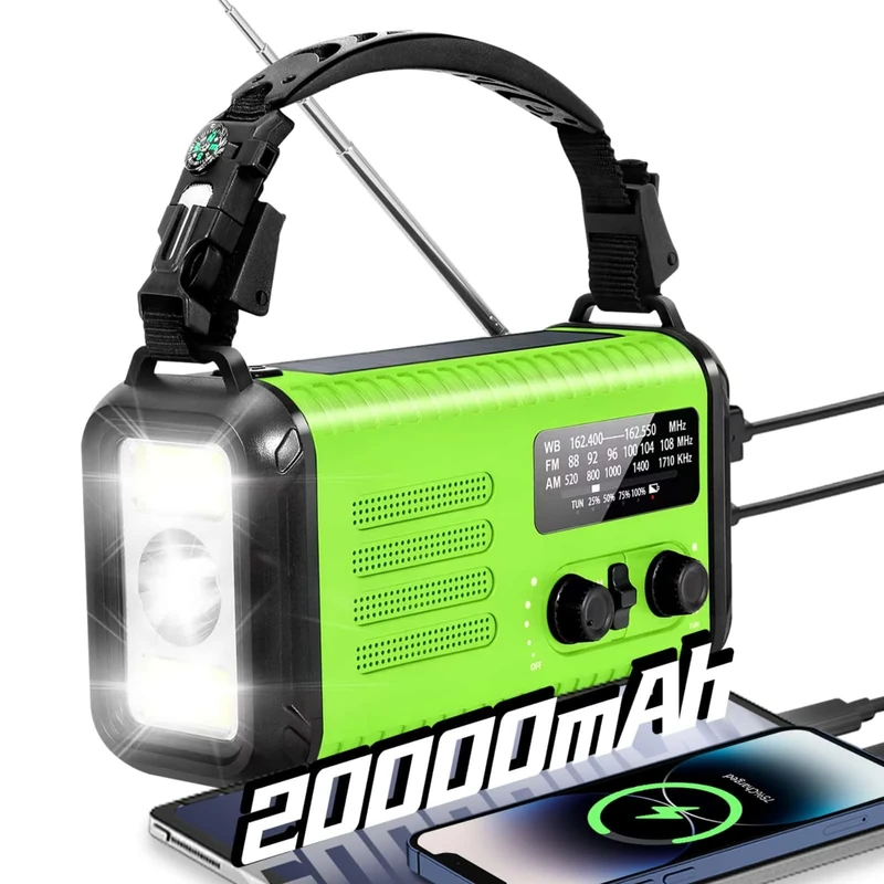 Wind Up Solar Radio, Emergency Crank Radio, 20000mAh Survival Solar Hand Crank Weather Radio with AM/FM, Battery Powered Radio with Cell Phone Charger, Flashlight & SOS for Emergencies/Home