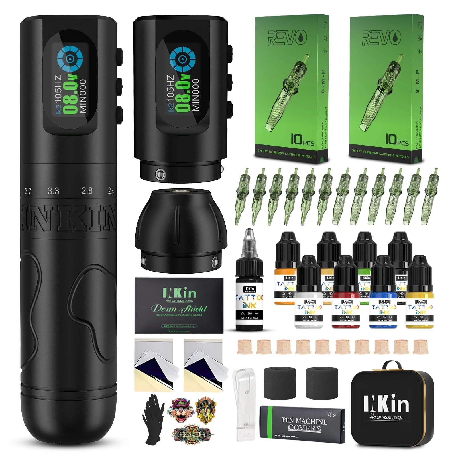 INKin Tattoo Gun Kit, Wireless Tattoo Machine Kit with 6 Adjustable Stroke 2.0-4.2mm, Rotary Cartridges Pen with 2 Replaceable 1600mAh Batteries Power OLED Display for Tattoo Artist-Inkflexo