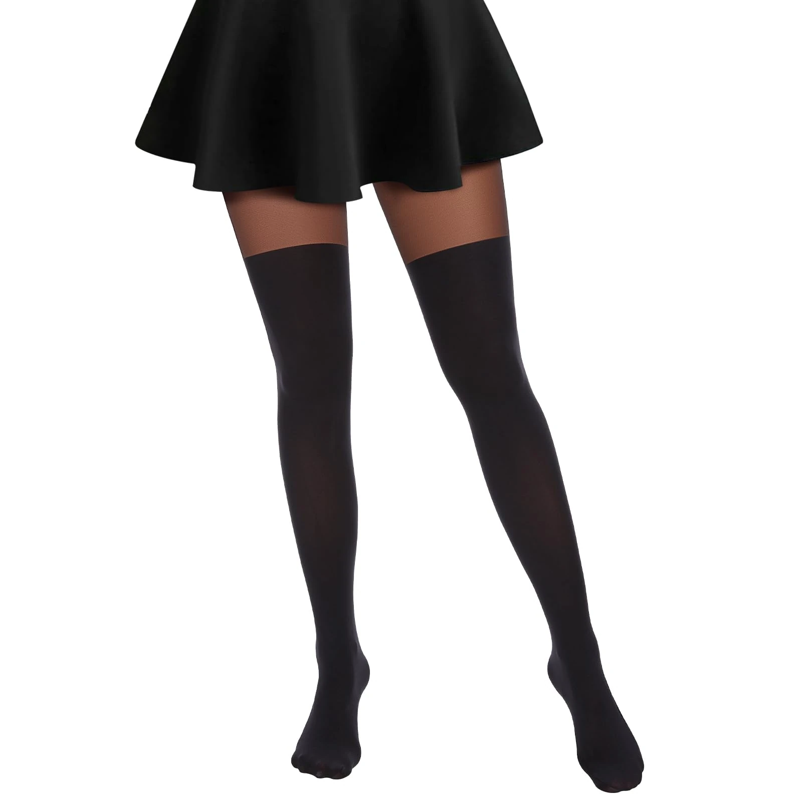 MANZI Mock Hold Ups Tights Plain Thigh High Look Stockings Suspender Black Tights