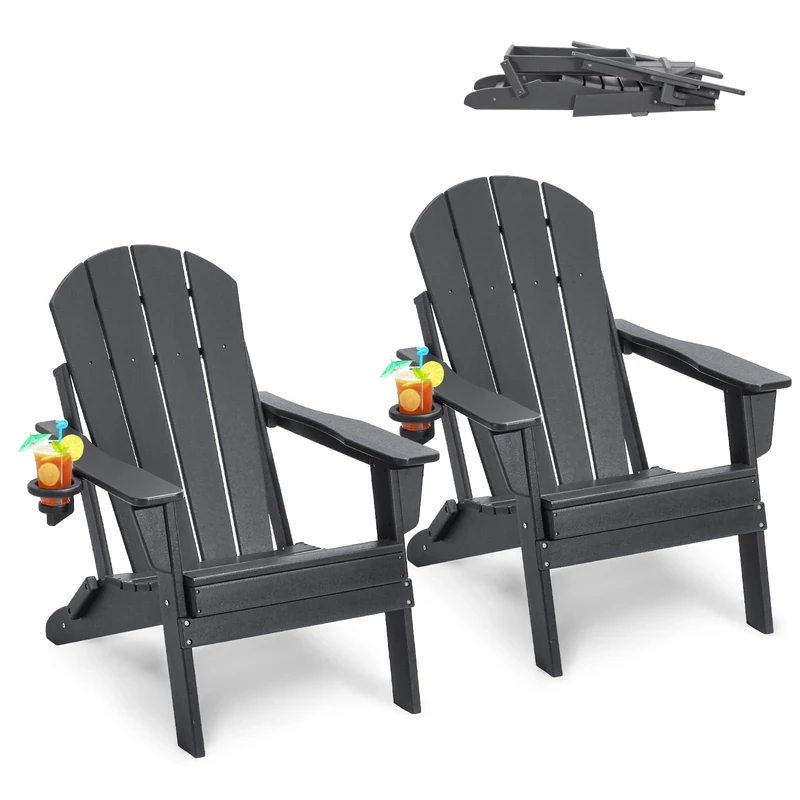 VEVOR Adirondack Chair Plastic, Set of 2 All-Weather Portable Folding Fire Pit Chair, Outdoor Adirondack Patio Chair with Cup Holder, with Relaxing Arm Rest Ergonomic, for Garden, Backyard - Gray
