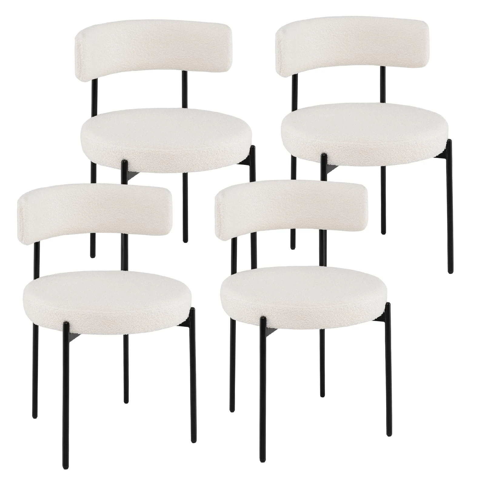 COSTWAY Boucle Dining Chair Set of 4, Upholstered Kitchen Chairs with Curved Backrest & Metal Legs, Modern Accent Side Chairs for Dining Room, Living Room, Cream White