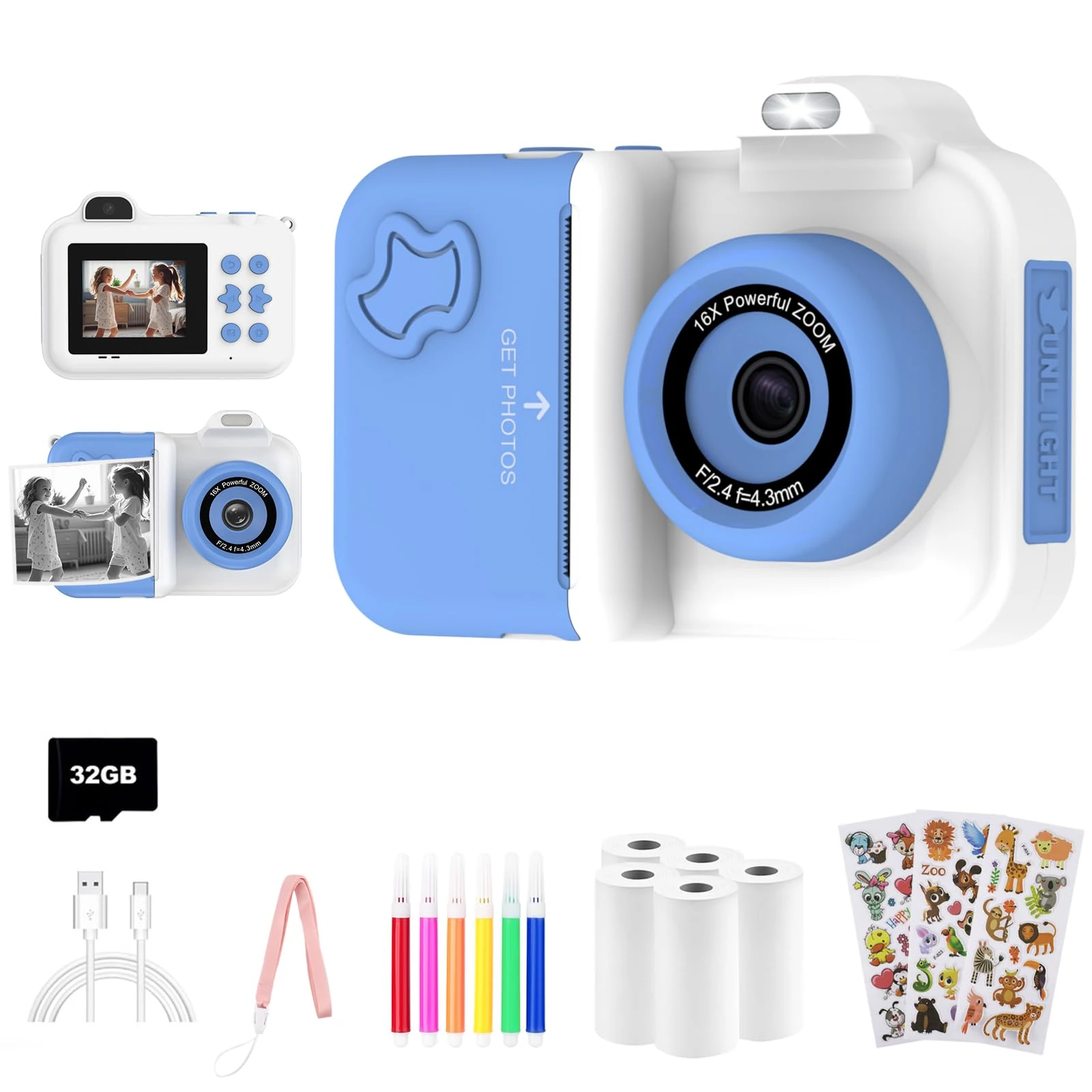 Kids Camera Instant Print, Christmas Birthday Gifts Toys for Girls Boys Age 4 5 6 7 8 9 10 11 12 Years Old,1080P HD Dual Lens Selfie Digital Camera with 5 Rolls Print Paper Stickers Pens 32G Card