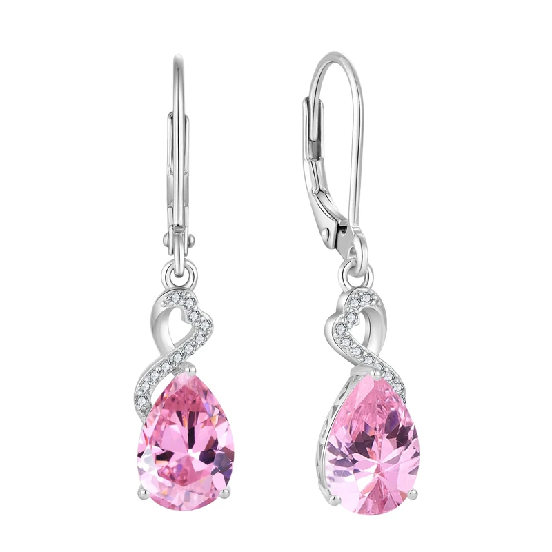 FJ Teardrop Dangle Earrings for Women 925 Sterling Silver Pink Tourmaline Drop Earrings Pear Leverback Earrings October Birthstone Jewellery Gifts for Her