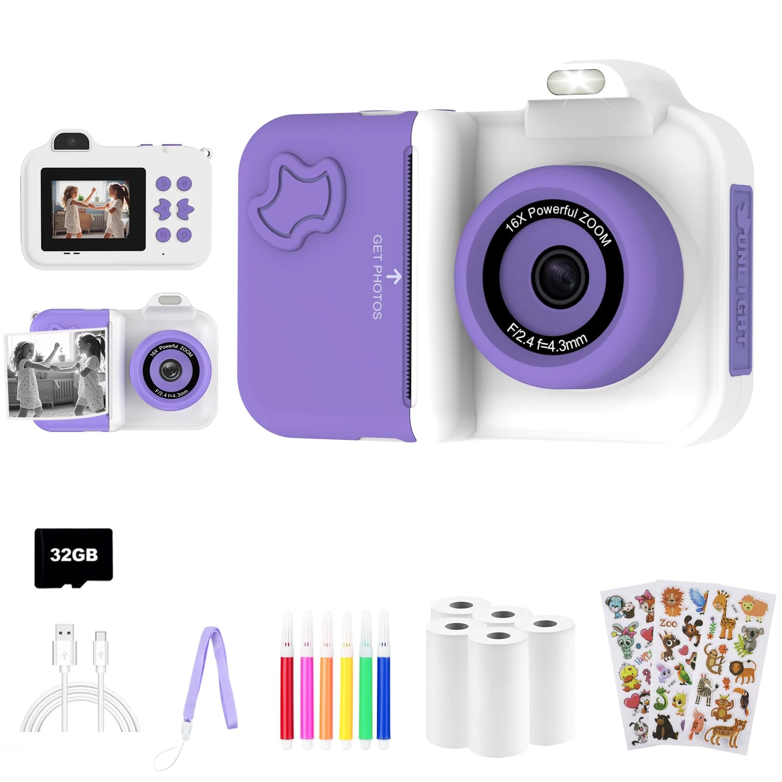 Kids Camera Instant Print, Christmas Birthday Gifts Toys for Girls Boys Age 4 5 6 7 8 9 10 11 12 Years Old,1080P HD Dual Lens Selfie Digital Camera with 5 Rolls Print Paper Stickers Pens 32G Card