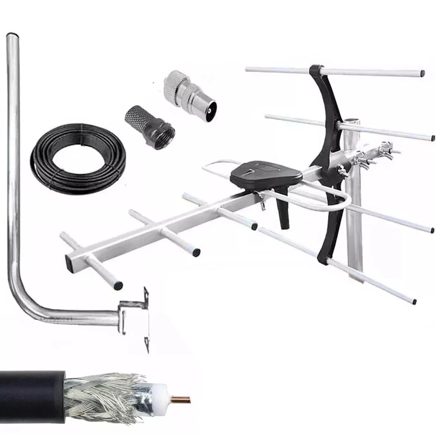 4G Digital Outdoor TV Aerial Antenna Installation Kit, Roof Loft Aerials for Digital Smart Freeview HD outdoor TV Aerial antenna + Male Female Coaxial Connector 10m RG6 Cable Fixing Screws nuts bolts