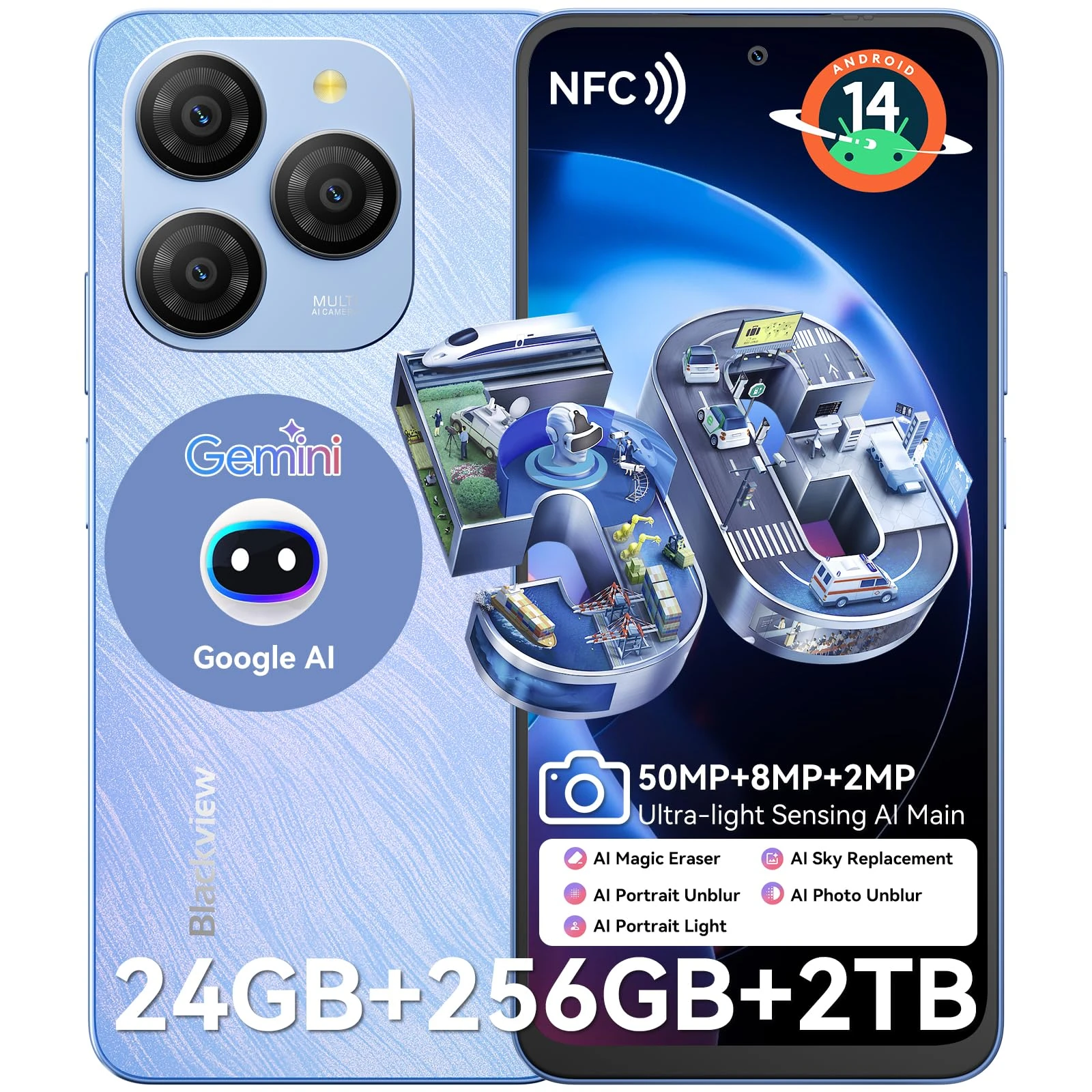 Blackview 5G Mobile Phones, Shark 9, Android 14 Phone, 24GB+256GB/2TB, Al Algorithms, 6.67", 5000mAh/18W, 50MP Camera, Sim Free Unlocked Mobile Phones, Triple Card Slots/Fingerprint/Face ID/NFC-Blue