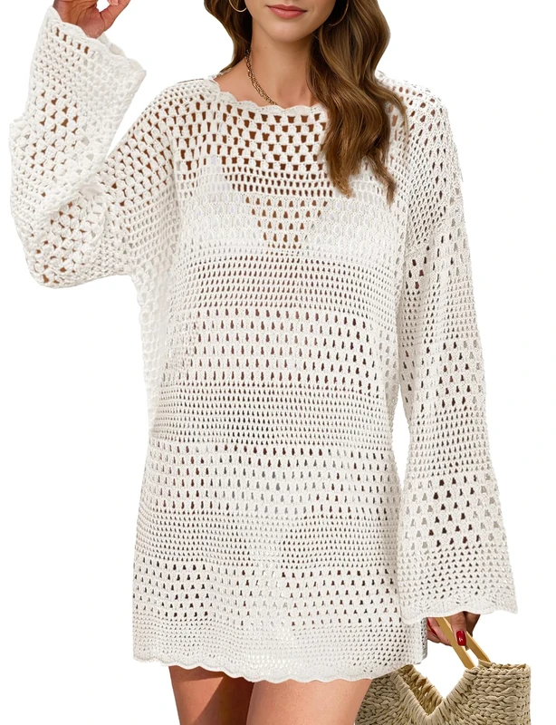 Generic Women's Crochet Swim Coverup - White Large Summer Beach Dress