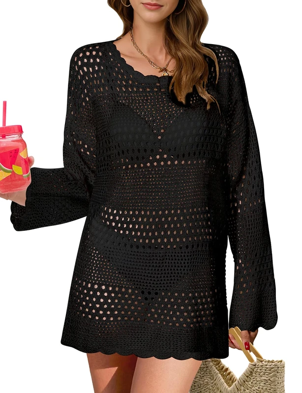 Womens Swimsuit Coverup Crochet Swim Cover Ups Bikini Bathing Suits Swimwear 2024 Summer Beach Dress Vacation Outfits, Black, Medium