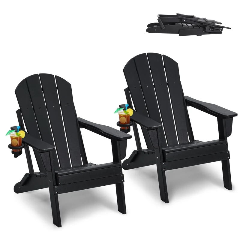 VEVOR Adirondack Chair Plastic, Set of 2 All-Weather Portable Folding Fire Pit Chair, Outdoor Adirondack Patio Chair with Cup Holder, with Relaxing Arm Rest Ergonomic, for Garden, Backyard - Black