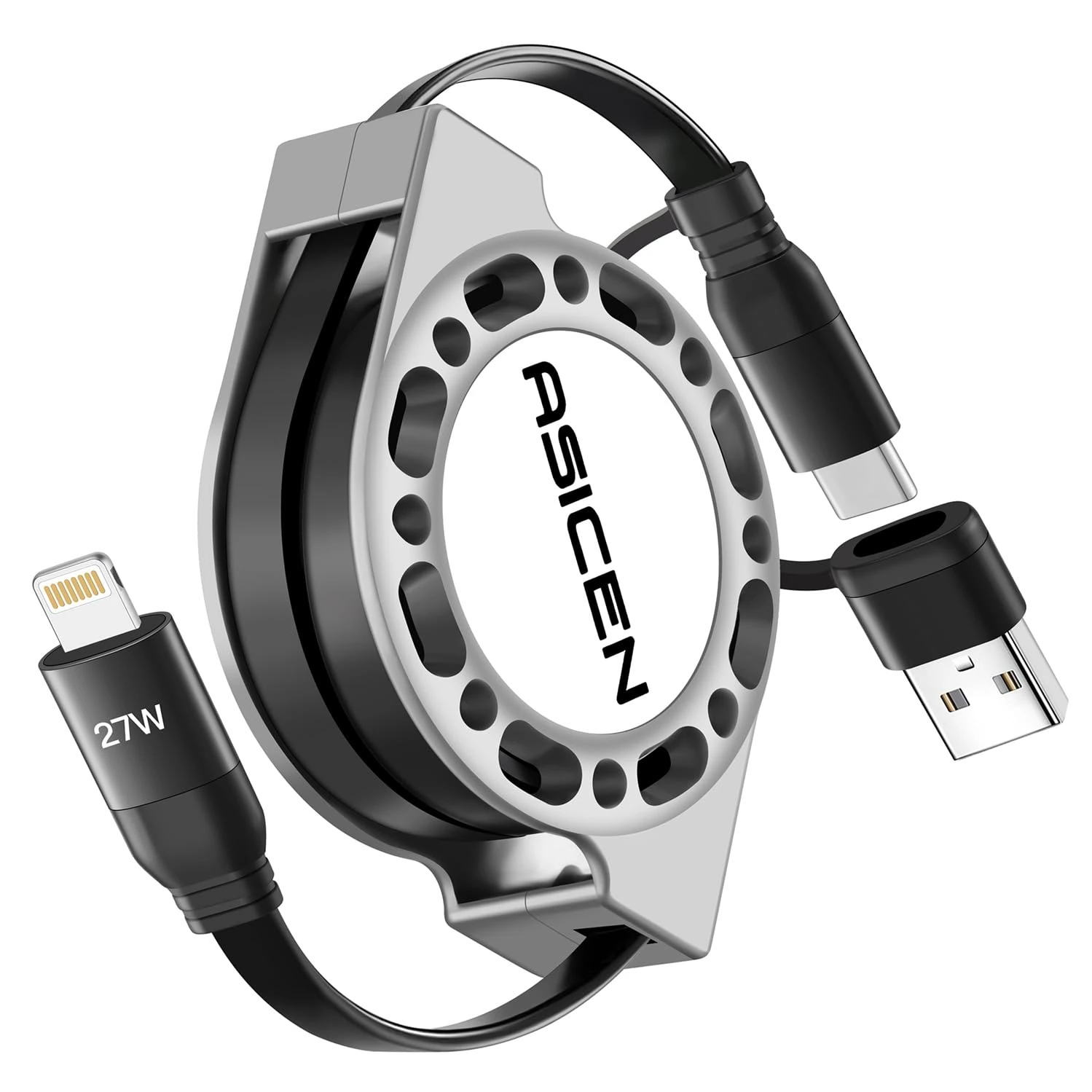 ASICEN 2 in 1 Retractable Charger Cable PD27W, [4Ft] Multi Lightning Cable Fast Charging&Data Transfer, [MFI Certified] USB A/Type C to Lightning for iPhone 14/13/12/11,iPad,AirPods (Black)