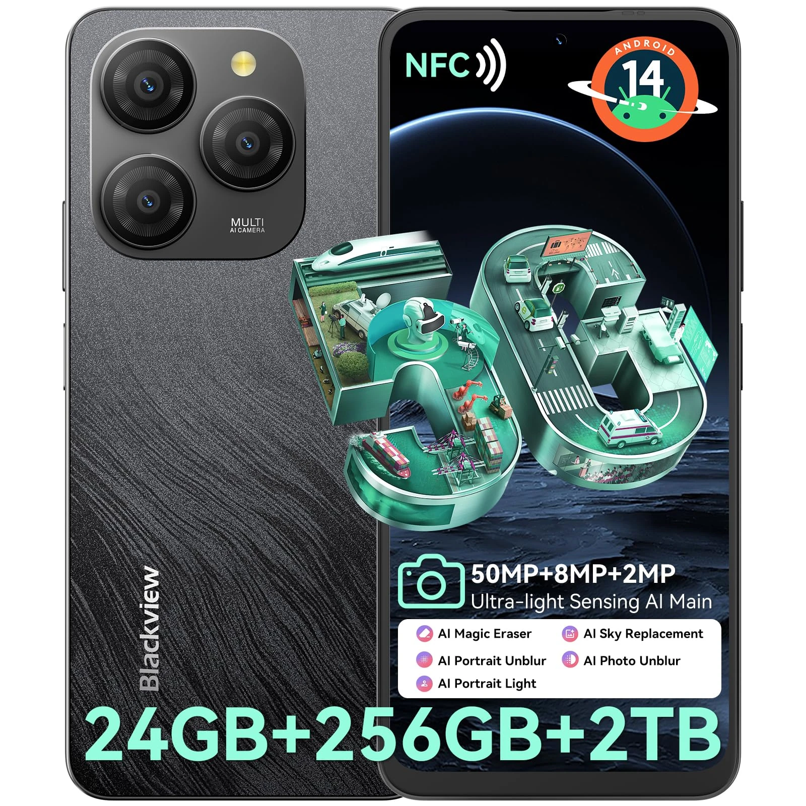 Blackview SHARK 9 Unlocked Mobile Phones, 5G Android 14 Smart Phone, 24GB+256GB/2TB, 50MP+8MP AI Camera 5000mAh/18W Fast Charge, Dual SIM Smartphone, 6.56" HD+, GPS/NFC/OTG, Fingerprint/Face ID, Black