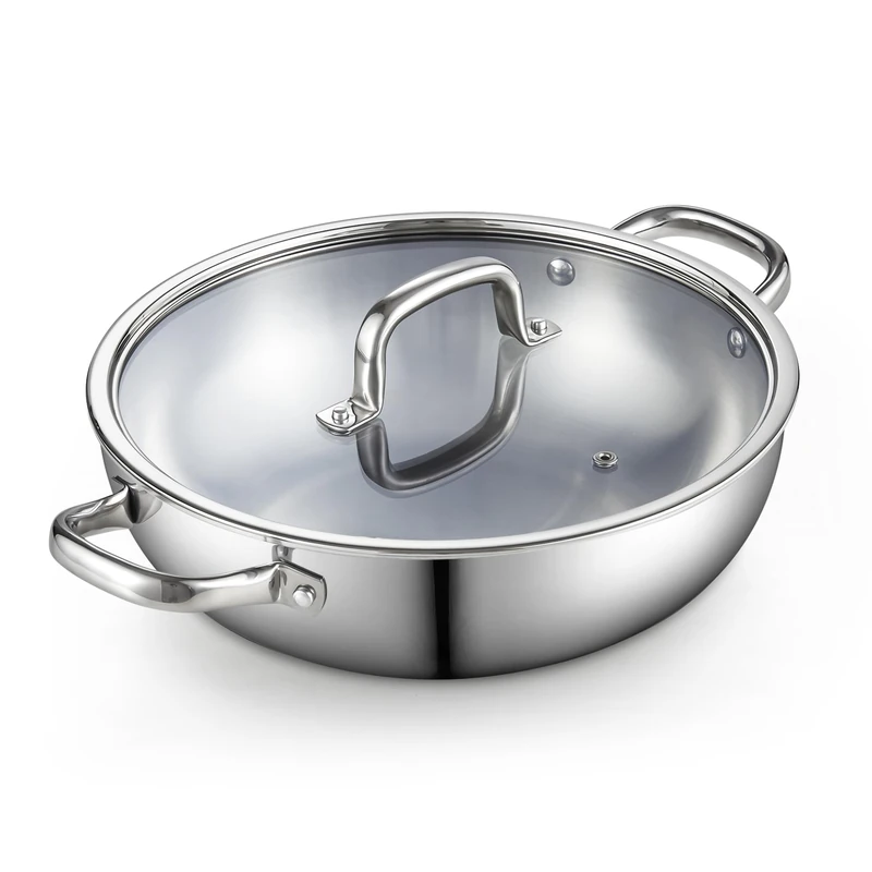 Cook N Home Stainless Steel Wok Pan with Lid, 12 inch Tri-Ply Clad Stainless Flat Bottom Wok Stir Fry Pan, Dishwasher and Oven-Safe, Compatible with All Cooktops