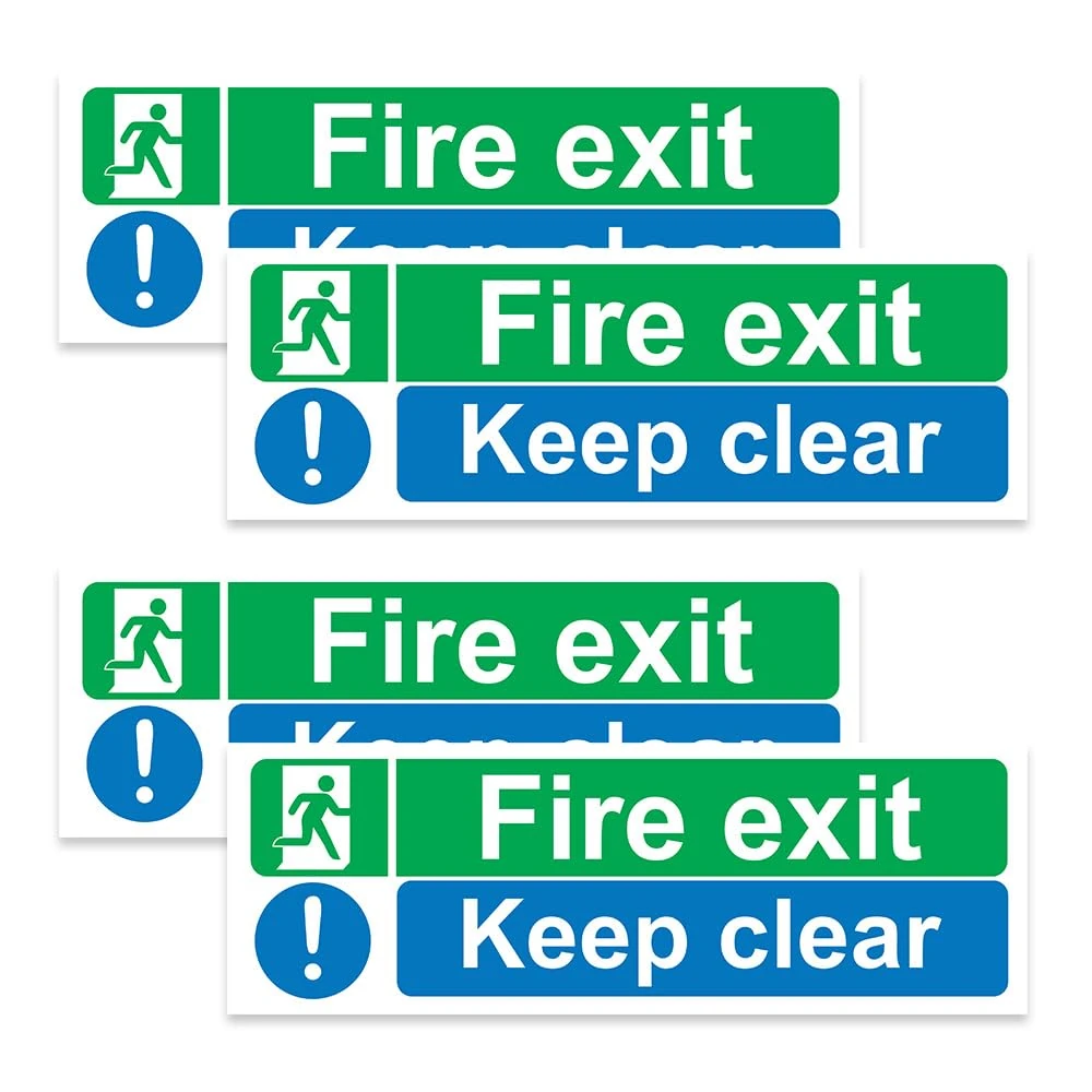 RDLCAR Fire Exit Keep Clear Sign Pack of 4 Self Adhesive Fire Exit Signs 300mm x 150mm Fire Exit Stickers for Indoor and Outdoor Use