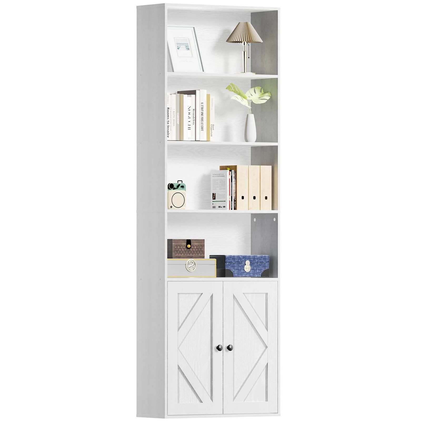 Wooden Functional Bookshelves and Bookcases with Doors and Cabinet ,Floor Standing 6 Shelf Display Storage Shelves 70.86 in Tall Bookcase for Home Office, Living Room，Bedroom (Industrial White)