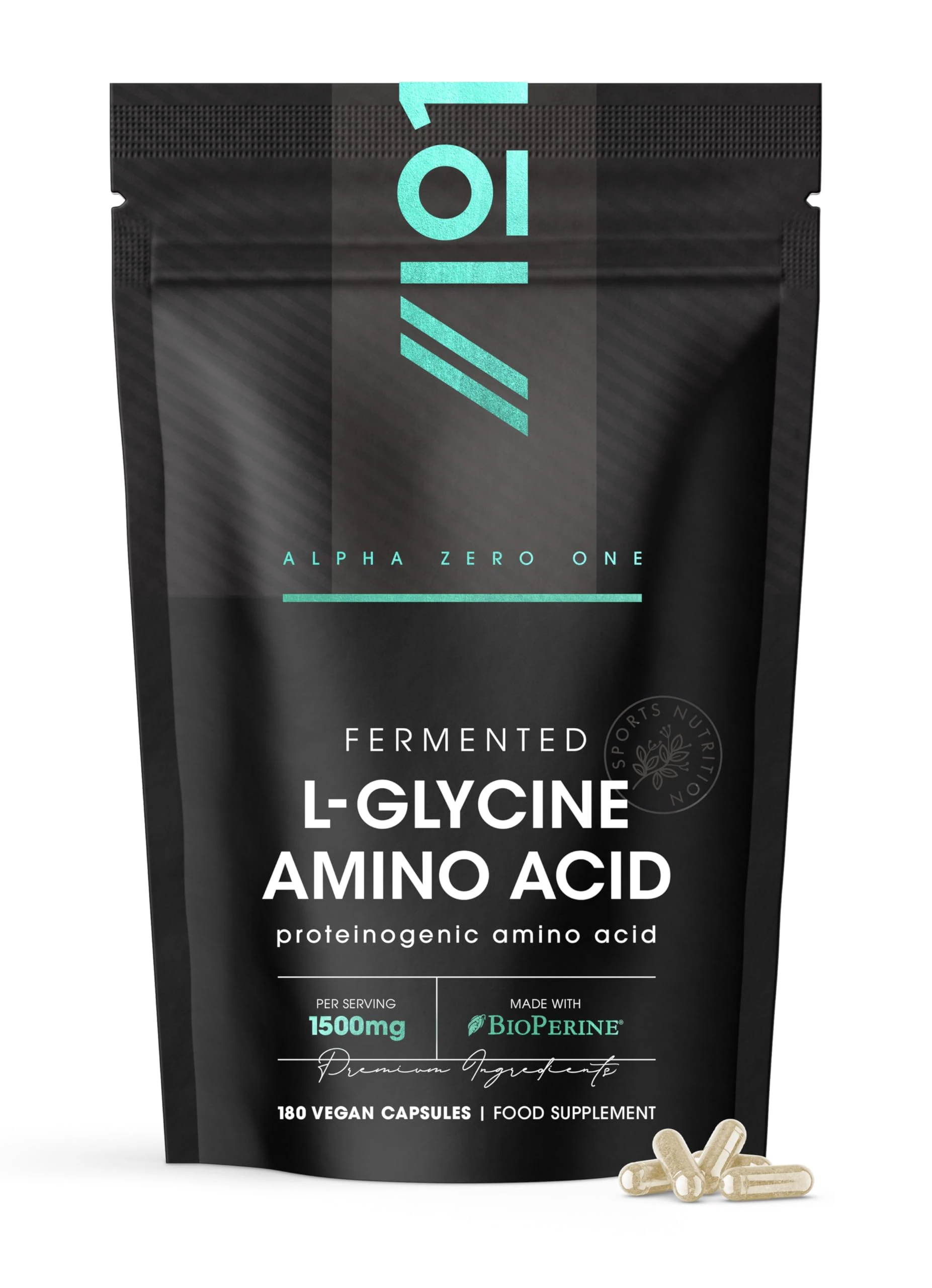 Fermented L Glycine 1500mg with BioPerine® – 180 Vegan Capsules – High Strength L Glycine Amino Acid Supplement – Resealable and Recyclable Pouch by Alpha01