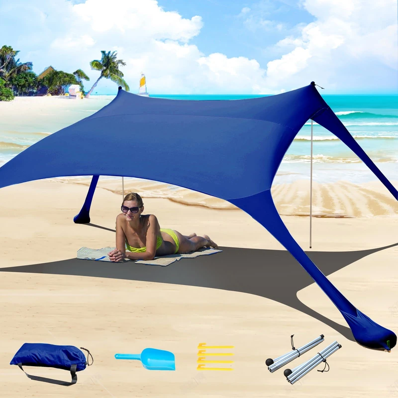 7×7 FT Beach Tent Sun Shelter UPF50+ UV Protection, Outdoor Canopy Tent Sun Shade with 2 Poles for Camping, Beach, Fishing, Backyard and Picnics Navy