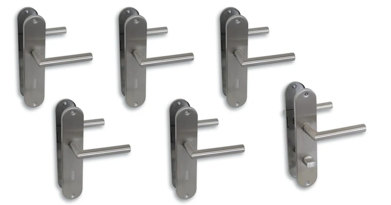 Alpertec Renovation Door Fitting, Long Plate Set of 6, Satin Stainless Steel for 5 Room Doors with Deadlock Holes and 1 Bathroom Toilet Door, Door Handle, Door Handle