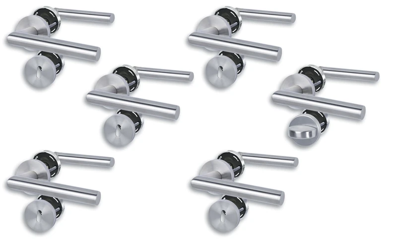 Alpertec Set of 6 Rosette Fittings, Satin Stainless Steel for 5 Room Doors with Deadlock Holes and 1 Bathroom Toilet Door, Cliprosette, Diameter 52 mm, Door Handle, Door Handle