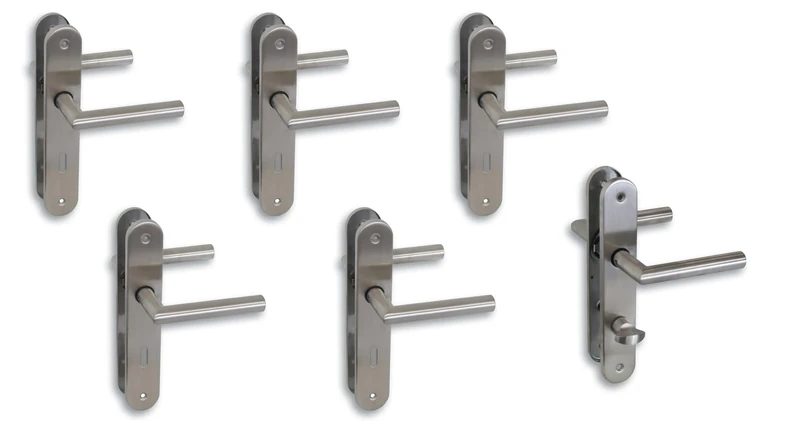 Alpertec Long Plate Door Fittings Set of 6 Satin Stainless Steel for 5 Room Doors with Deadlock Holes and 1 Bathroom Toilet Door Handle