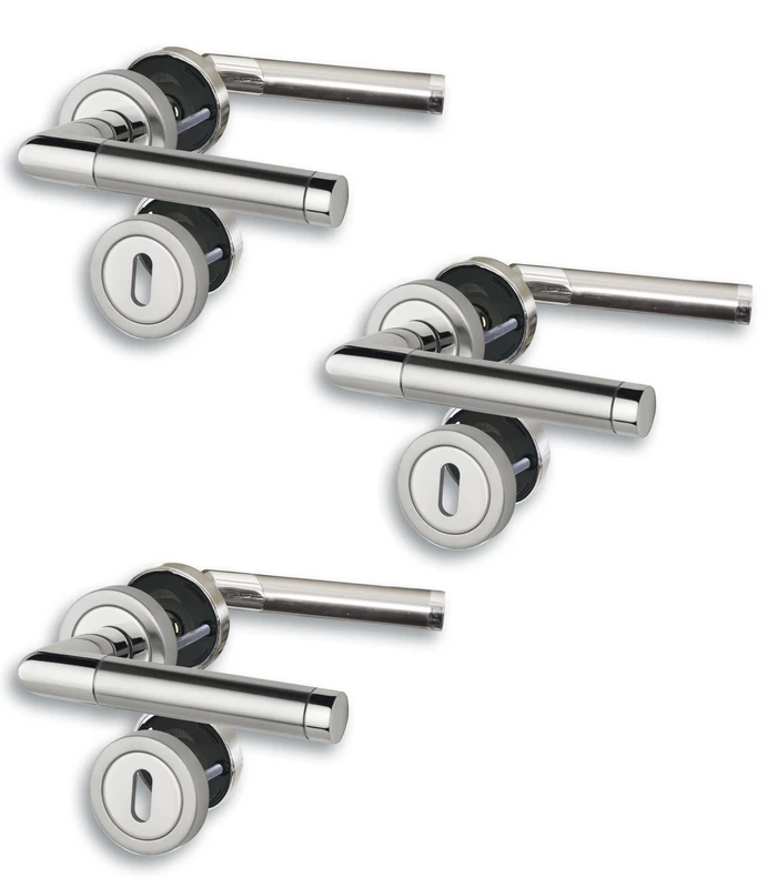 Set of 3 Rosette V Door Fittings, Polished Stainless Steel/Satin Finish for 3 Room Doors with Deadlock Holes, Cliprosette, Diameter 52 mm, Door Handle, Door Handle