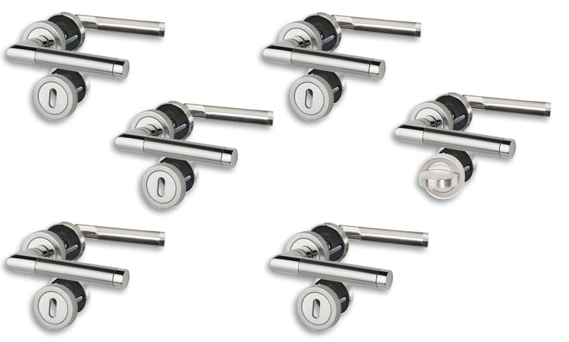 Set of 6 Rosette V Door Fittings, Polished Stainless Steel/Satin Finish for 5 Room Doors with Deadlock Holes and 1 Bathroom Toilet Door, Cliprosette, Diameter 52 mm, Door Handle, Door Handle
