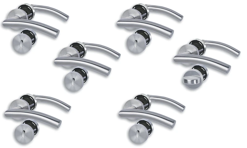 Alpertec Set of 6 Rosette Set III Door Fittings Satin Stainless Steel for 5 Room Doors with Deadlock Holes and 1 Bathroom Toilet Door, Cliprosette, Diameter 52 mm, Door Handle, Door Handle