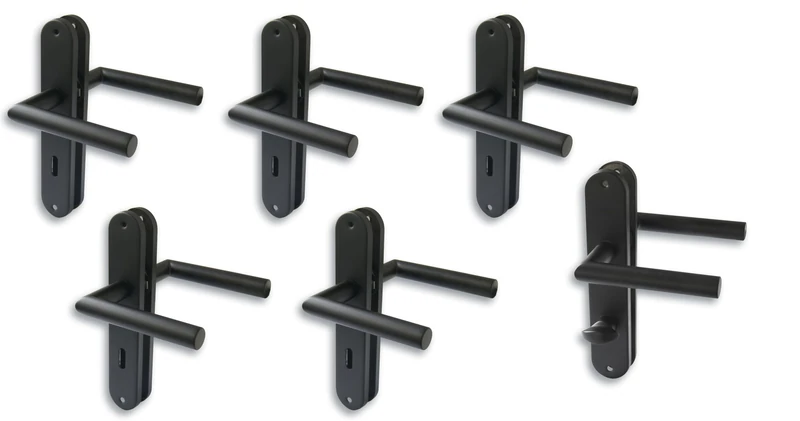 Alpertec Long Plate Door Fittings Set of 6 Stainless Steel Black for 5 Room Doors with Deadlock Holes and 1 Bathroom Toilet Door Handle