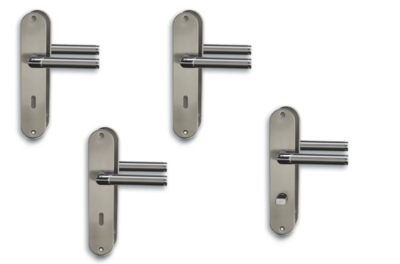 Renovation Fittings, Door Fittings, Long Plate Set of 4, Polished Stainless Steel / Satin Gloss Varnished for 3 Room Doors with Deadlock Holes and 1 Bathroom Toilet Door, Door Handle, Door Handle