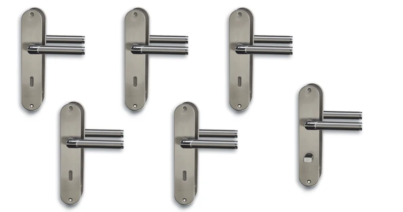 Renovation Fittings, Door Fittings, Long Plate Set of 6, Polished Stainless Steel / Satin Gloss Varnished for 5 Room Doors with Deadlock Holes and 1 Bathroom Toilet Door, Door Handle, Door Handle