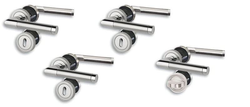 Set of 4 Rosette V Door Fittings, Polished Stainless Steel/Satin Finish for 3 Room Doors with Deadlock Holes and 1 Bathroom Toilet Door, Cliprosette, Diameter 52 mm, Door Handle, Door Handle